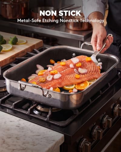 Snowclad 13x10 Inch Nonstick Stainless Steel Roasting Pan for Oven & All Cooktops