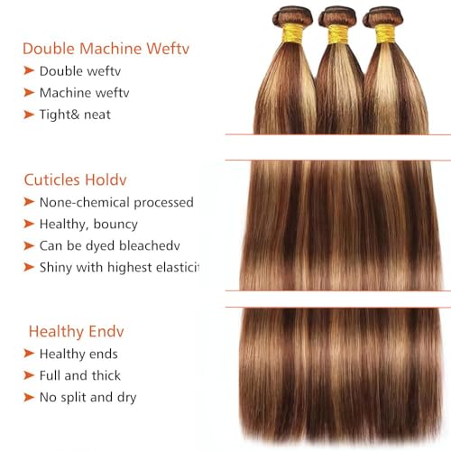 Brown/Honey Straight Human Hair Bundles - 14, 16, 18 Inch, P4/27 Color, Unprocessed Brazilian Virgin Hair - Variation #P4/27 Honey Blonde ST