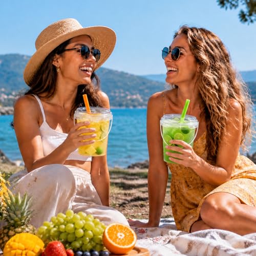 Disposable Cups with Lids and Straws - 100 Sets, 34oz, Colorful Straws Included