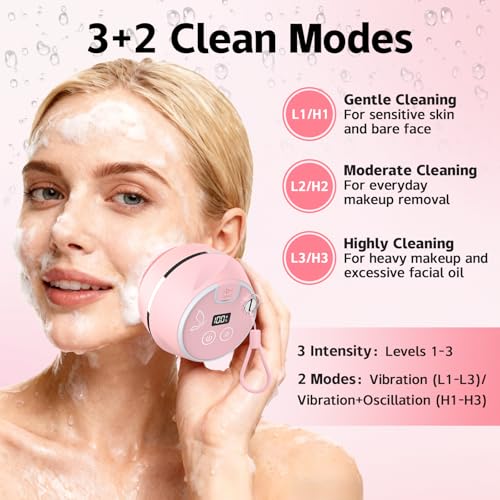 Pink Waterproof Silicone Facial Cleansing Brush with 6 Modes & 3 Light Effects - Rechargeable Deep Clean Scrubber for Women and Men