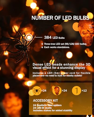 TYBEEU Halloween Decor Set 4ft, 5ft & 6ft Black Maple Trees with LED Lights, Ornaments & Spiders