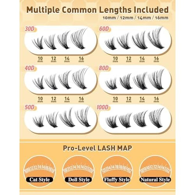 Calphdiar Eyelash Clusters 30D+40D+50D+60D+80D+100D Lash Clusters Wispy Individual Lashes 476PCS D-curly Lash Extension 10-16MM Natural Lashes Clusters DIY Cluster Eyelash Extensions