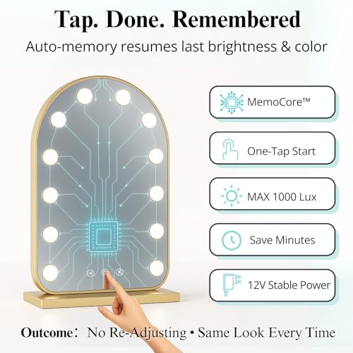 LUXFURNI Vanity Mirror with Lights, 20.5" L x 13" W Arched LED Makeup Mirror, Lighted Makeup Mirror with Lights, Smart Touch Control Dimmable 3 Modes Light, Gold