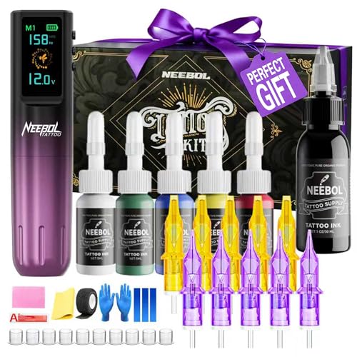 Wireless Tattoo Gun Kit with 47 Pieces - Purple, Model Neebol L - Beginner Friendly