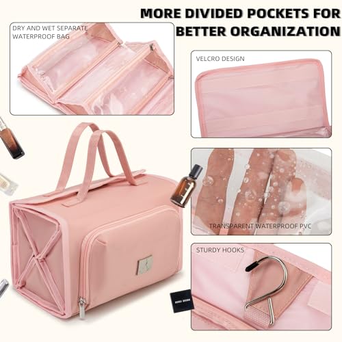 ROYALFAIR Roll Up Makeup Bag, Waterproof Toiletry Bag for Women, Hanging Travel Organizer bags with Jewelry Organizer Compartment, Extra Large 4 Clear TSA Approved Pouches Cosmetic Makeup (light red)