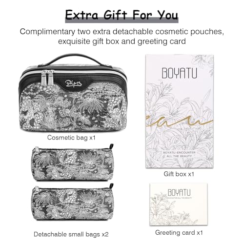 BOYATU Travel Makeup Bag for Women: Large Capacity Make up Bag with Compartments - Vegan Leather Cosmetic Bag set of 3 - Waterproof Toiletry Bag with Handle & Divider(E-2-Black)