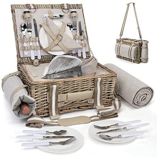Grey 31-Piece Picnic Basket Set for 4 with Insulated Cooler & Waterproof Blanket