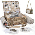 Grey 31-Piece Picnic Basket Set for 4 with Insulated Cooler & Waterproof Blanket