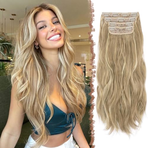 Clip-In Hair Extensions 24 Inch Blonde Highlights - 4 Pcs Thick Wavy Synthetic Blend, Dirty Blonde Variation
