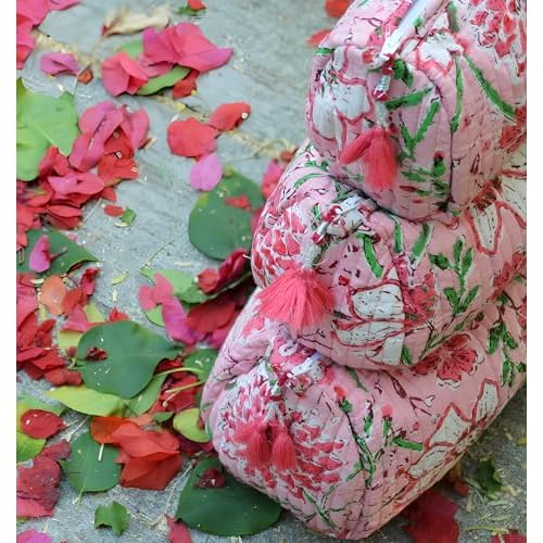 INDACORIFY 100% Cotton Block Print Cosmetic Toiletry Bags Boho Beauty Toiletry Kits Travel Case Pouch for Women's Printed Cotton Tote Bag (Pattern- 28)