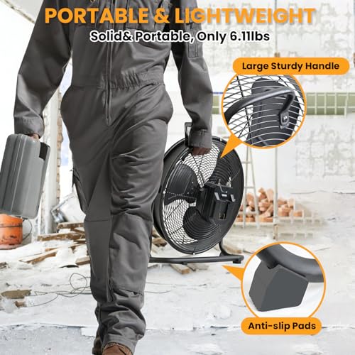 14-Inch Battery Operated Metal Floor Fan for Dewalt 20V Max - Portable Jobsite Fan with AC Adapter, 1500 CFM, Variable Speed, Tilt & Hanging Hook