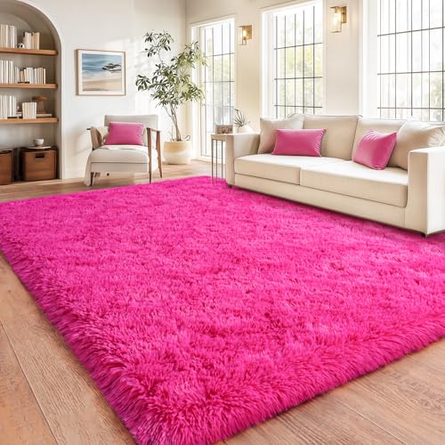 8x10 Hot Pink Area Rug for Girls Bedroom - Plush High Pile Fuzzy Carpet