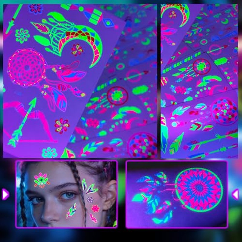 24 Sheets Glow in The Dark Temporary Tattoos, 320pcs Waterproof Neon Glow Party Tattoos, UV Black light Reactive Light Face Flash Tattoo Stickers for Parties, Halloween, Beach