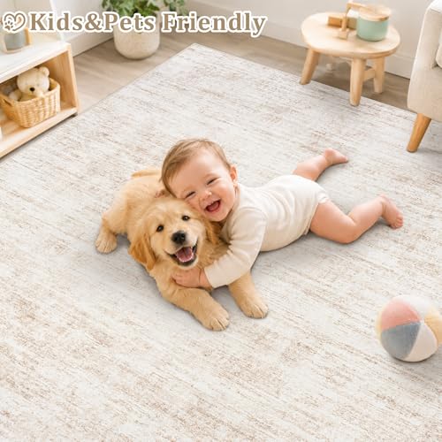 Yidanamy 8x10 Beige Washable Area Rug - Modern Abstract Neutral Carpet for Living Room