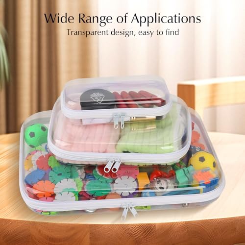 Owfeel 4PCS Clear Hard Shell Zipper Case, Plastic Double Zippered Storage Organizer Pouches for Travel, Transparent Cosmetic Bag for Make Up Tools, Toiletries, Toy Storage