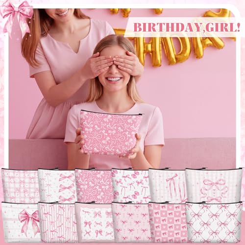 Pink Bow Makeup Bags Set - 24 Coquette Cosmetic Pouches with Zippers for Women & Travel - Pink Aesthetic Gifts