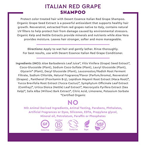 Desert Essence Italian Red Grape Shampoo UV Damage & Color Protection Cleanser Infused with Resveratrol, Organic Grape Seed & Maca Root - Vegan, Gluten-Free, Cruelty-Free - 8oz (Pack of 2)