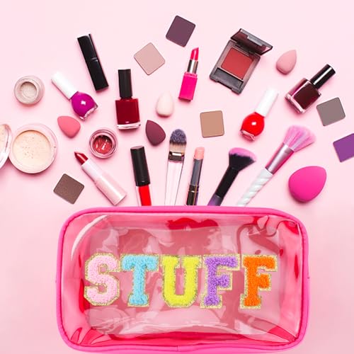 Preppy Patch STUFF Makeup Bag Chenille Letter Cosmetic Bag for Women, Transparent PVC Zipper Patch Bags Organizer Waterproof Portable Travel Makeup Bag for Women Girls Teens(Pink)