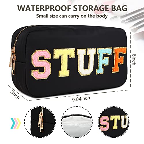 4PCS Nylon Zipper Waterproof Preppy Makeup Organizer Bag Set - Cosmetic Stuff Pouch for Women Travel Toiletry Organization Outdoor with Chenille Letter Patches