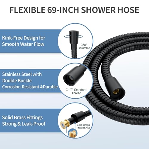 BRIGHT SHOWERS Matte Black Stainless Steel Shower Slide Bar Set with 5-Spray Handshower and 69-Inch Hose – ADA Compliant