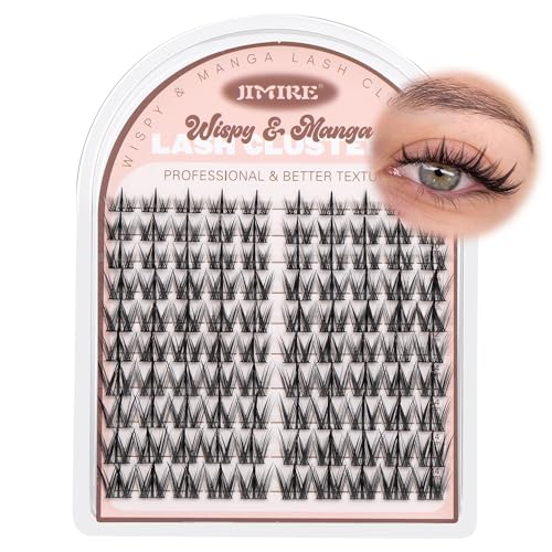 JIMIRE Manga Lash Clusters Natural Look Anime Eyelash Clusters Cute 8-14MM Wispy Fairy Cluster Eyelash Extensions with Spiky 100 Pcs Manga Individual Lashes with Thin Band