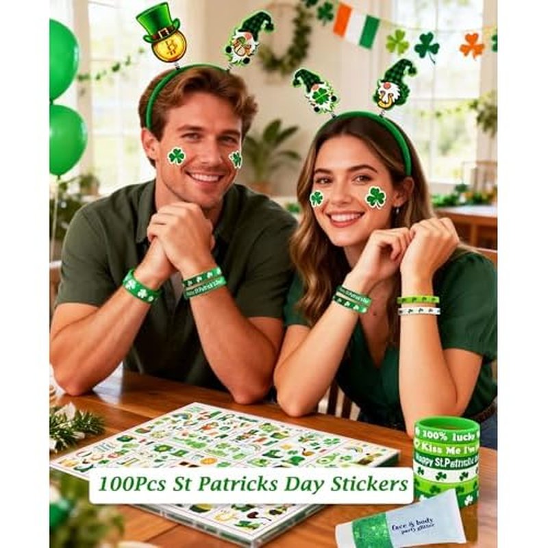 117 Pcs St. Patrick's Day Accessories Kit , Custom Shamrock Green Glitter Gel, Necklaces, Headbands, Shamrock Eyeglasses, Bracelets ,Tattoo Stickers, Irish Party Favors Festival Decorations