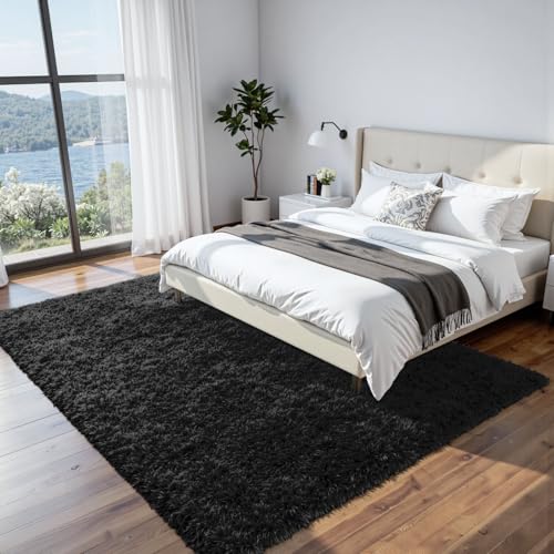 Fuzziness 8x10 Black Fluffy Shag Area Rug - Ultra Soft Plush Carpet for Living Room & Bedroom