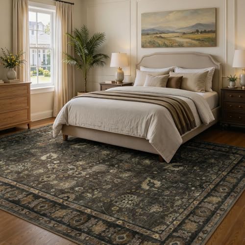 Brown 8x10 Area Rug - Washable Non-Slip Vintage Floral Design