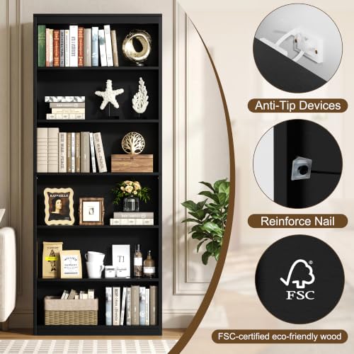 Shintenchi 6-Tier Tall Bookcase in Black, 23.6"W x 9.3"D x 70.9"H, Modern Industrial Shelving