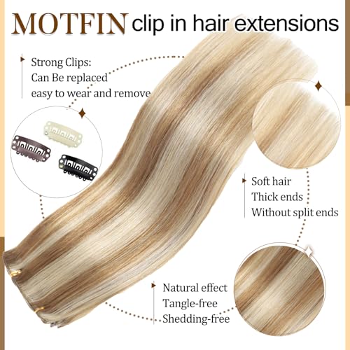 Light Blonde Highlighted Clip-In Hair Extensions 18 Inches - Seamless Real Human Hair for Women