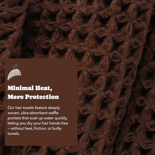 Kosmu Luxury Organic Japanese Cotton Hair Drying Waffle Towel Wrap with Button (Dark Cocoa) - Extra Large Turban for Long Curly Hair