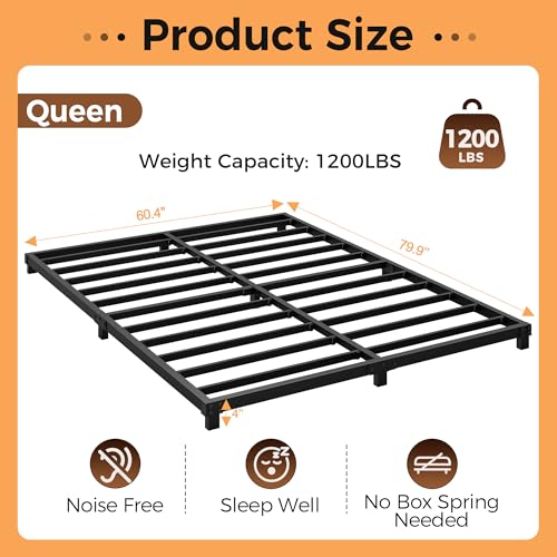 4 Inch Queen Size Low Profile Metal Bed Frame - Heavy Duty Steel Support, Noise-Free, Easy Assembly
