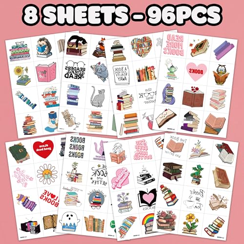 96 PCS Reading Book Library Pre-Cut Temporary Tattoos Sticker Booklish Nerd Birthday Party Decorations Favors Supplies Gifts Boys Girls Teachers Adult Tattoo School Reward Themed (Normal)