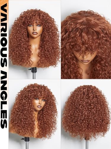 Ginger Curly Wig with Bangs - 20 Inch Synthetic Wigs for Black Women - Glueless, Natural Look