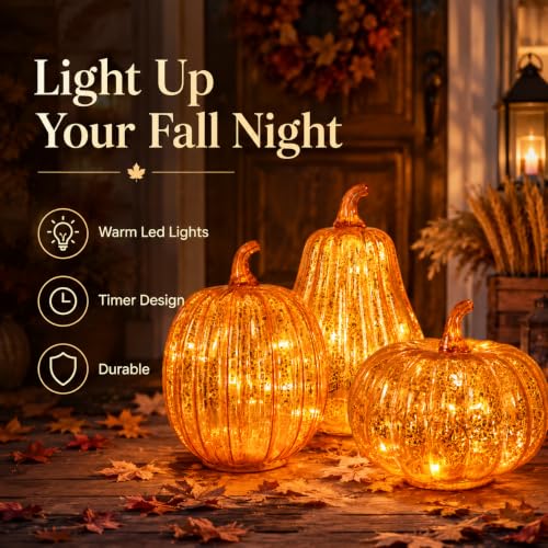 Gold Mercury Glass Pumpkin Lights - 3PCS Halloween Fall Decor with Timer