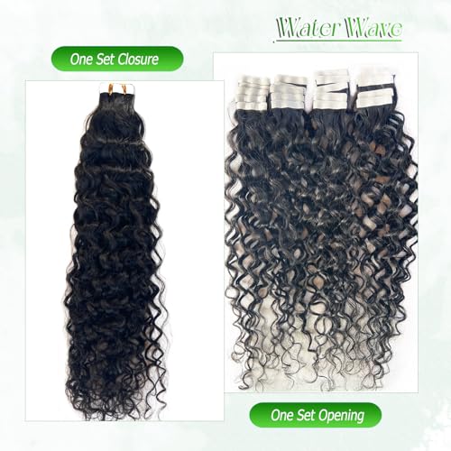 Water Wave Tape-in Hair Extensions 16 Inch Natural Black Remy Human Hair - #1B(WW) / 50g/Pack 20pcs