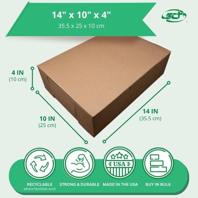 Kraft Bakery Box 14x10x4 Inches - Non-Window, Disposable Pastry & Cake Packaging, 100 Pack