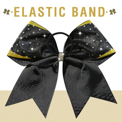 6 Pack Large Glitter Gold and Black Cheer Bows - Rhinestone Hair Accessories for Cheerleaders, Sports Teams, Girls, 8 Inch