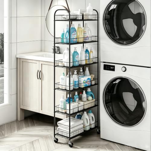 10in Black 6-Tier Slim Rolling Storage Cart with Metal Wheels - Space Saver