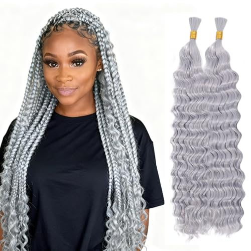 Grey Deep Wave Human Braiding Hair 24 Inch, 100g, for Boho & Knotless Braids - Hailookmey