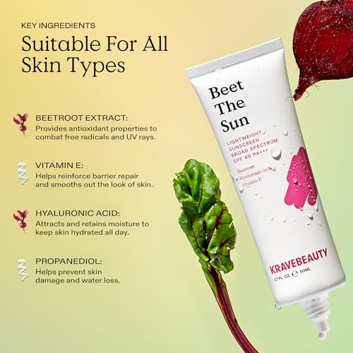 KraveBeauty Beet The Sun Lightweight Sunscreen SPF 40 PA+++, 2 Pack, Broad Spectrum Facial Sunscreen with Beet Root Extract & Hyaluronic Acid, Daily SPF Lotion for Face, Fragrance Free, 2 x 50 mL