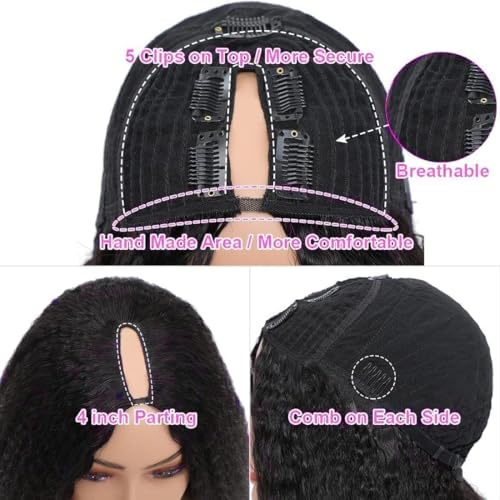 20 Inch Natural Color V Part Human Hair Wig for Black Women, Kinky Straight, Glueless Half Wigs