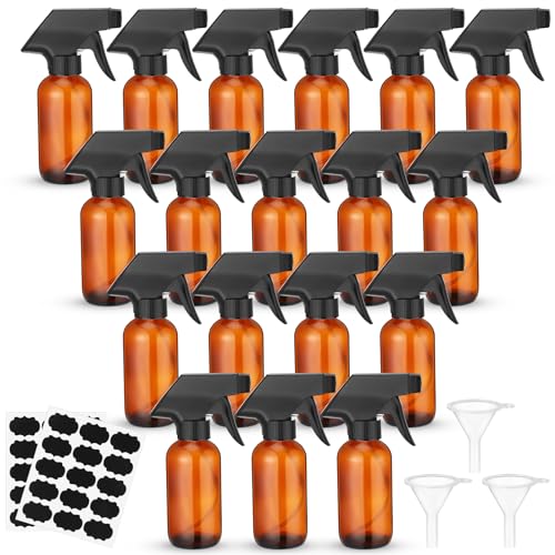 Fumete 20 Pack 4 oz Amber Glass Spray Bottles with Labels & Funnels – Refillable Travel Containers