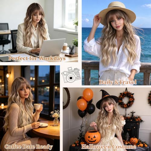 Long Curly Wavy Blonde Wig with Bangs for Women - Dark Blonde Variation