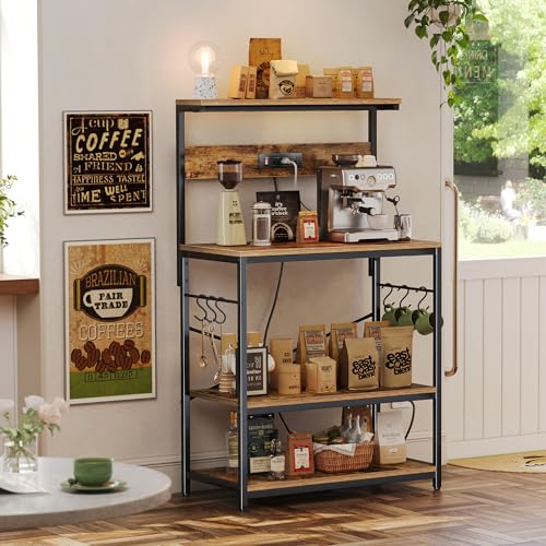 SUPERJARE 31.5 Inch Bakers Rack with Outlets & Microwave Stand, Rustic Brown with Adjustable Middle Shelf