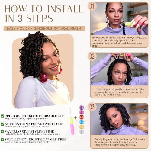 8 Packs Passion Twist Hair 10 Inch 1B Pre-Twisted Crochet Braids - Soft Lightweight Natural Look