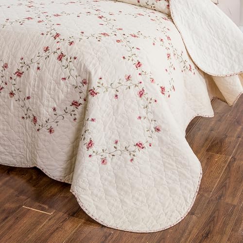 Pink Floral Embroidery Quilt Set with Leaves 3D Pattern - Queen Size Reversible Cotton Bedding