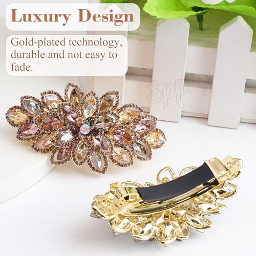 Large Gold-Plated Rhinestone Hair Barrette - Colorful Floral Style, 3.5 Inch - Variation: Colorful