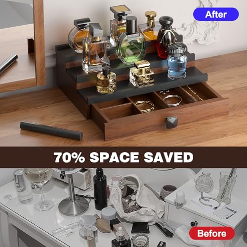 Cologne Organizer for Men: with Drawer, 3 Tier Wooden Cologne Stand Desktop Perfume Display Shelf, Bedroom Dresser Makeup Lotion Jewelry Storage Organizer