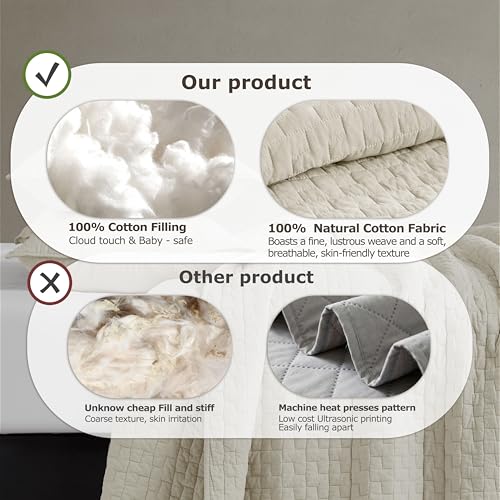 California King Cotton Quilt Set with Pillow Shams - Block Beige, Textured Oversized Bedspread
